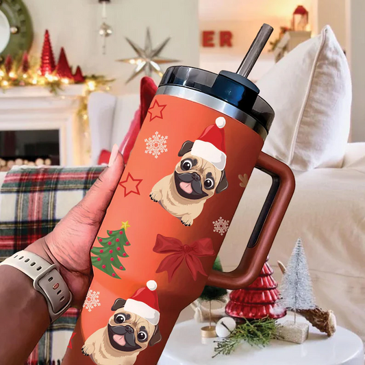 Cute Pug Dog Christmas 40oz Tumbler, Pug Santa Stainless Steel Cup