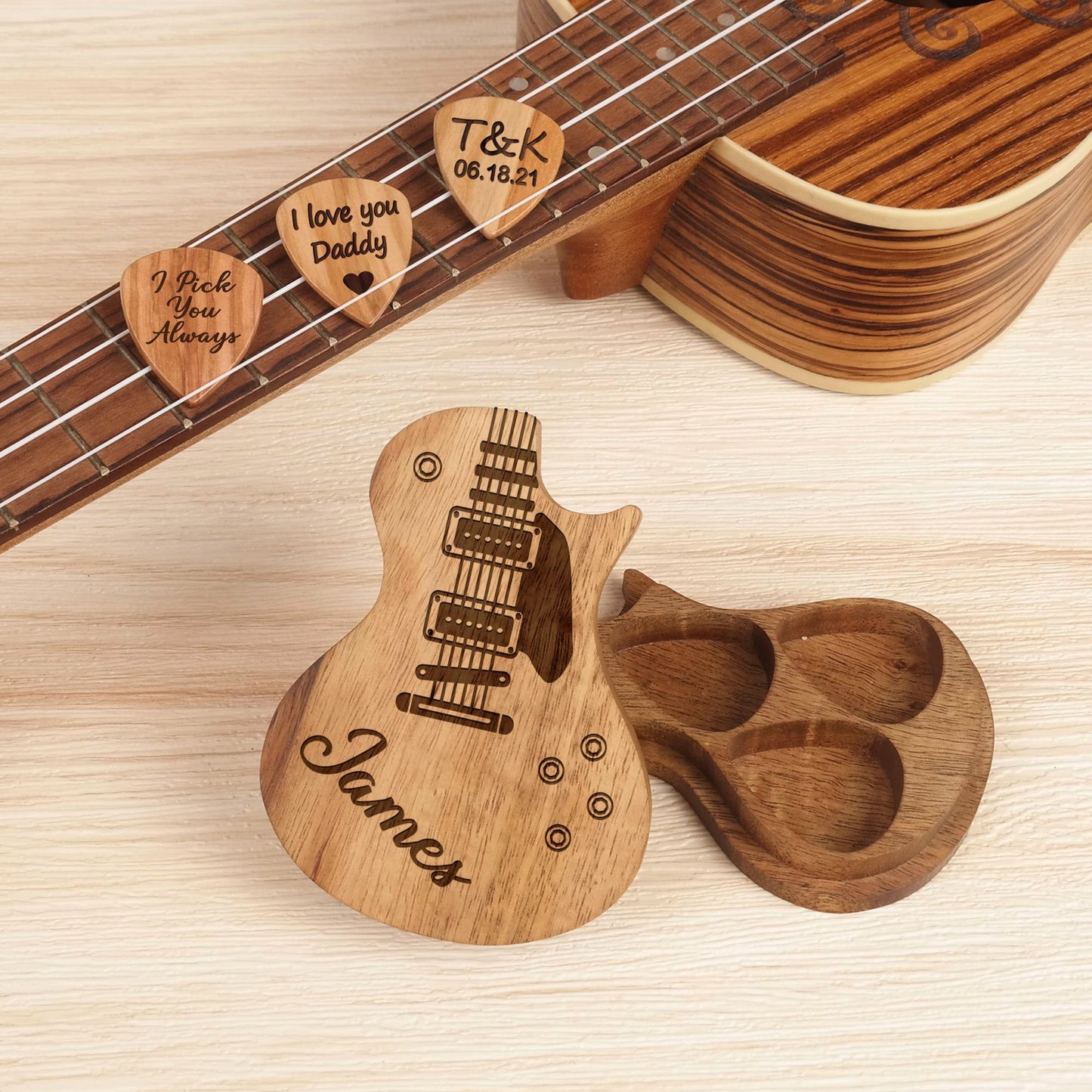 Personalized Wooden Guitar Picks with Case, Christmas Gift